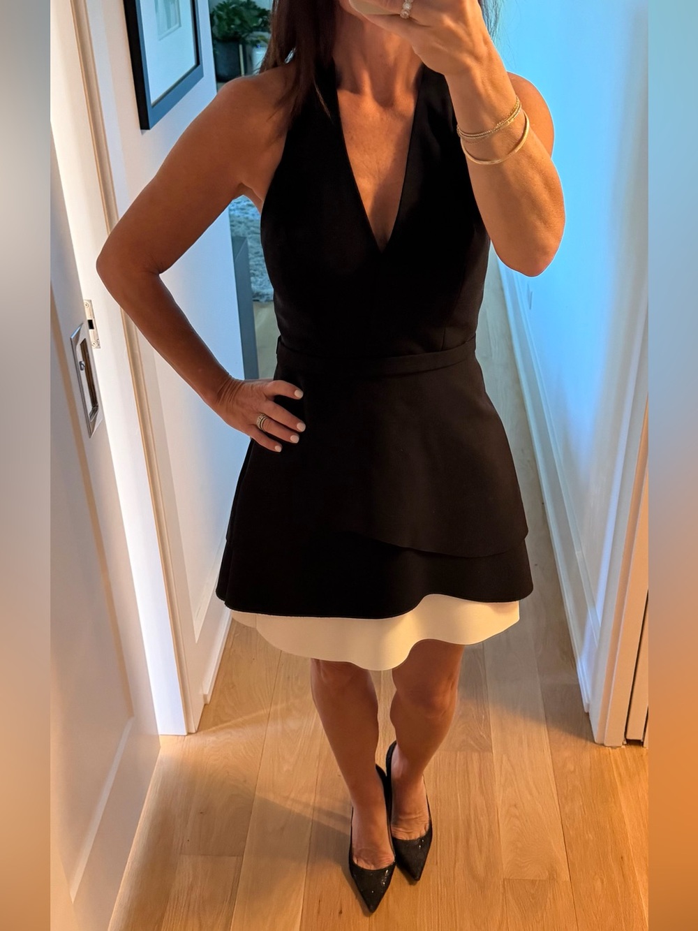 Halston Heritage Black/Cream Halter Tiered Peplum Cocktail Mini Dress - Size 6